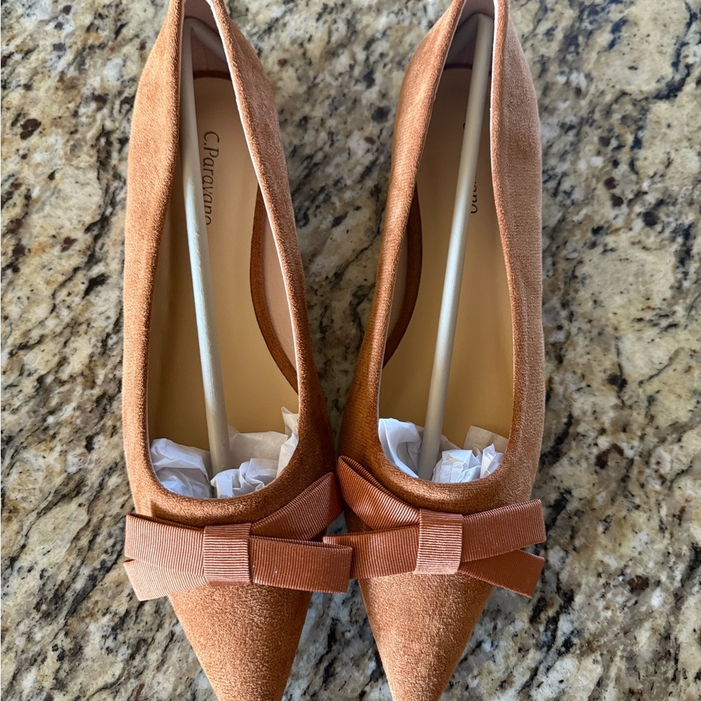 Women’s Suede Pointed Toe Bow Flats in Tan - Picture 6 of 8